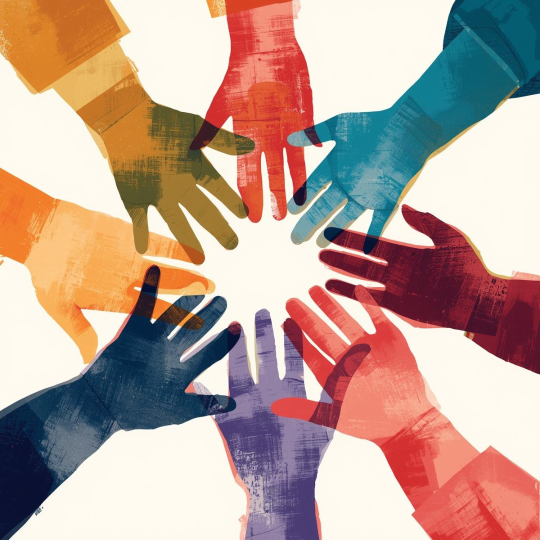 Multi-colored hands coming together- painting
